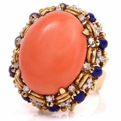 1960s Retro Coral Lapis Lazuli Diamond Gold Dome Ring