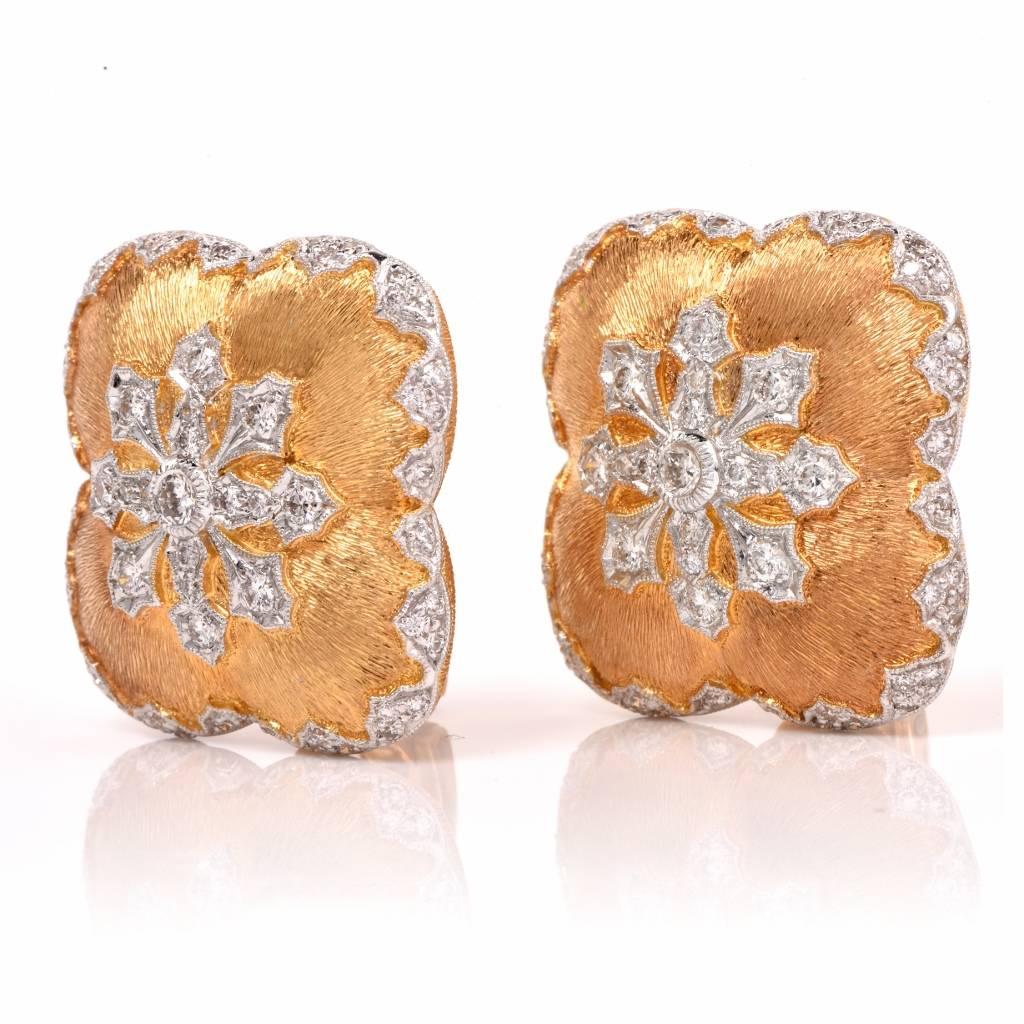 These sophisticated earrings are crafted in solid 18K yellow gold with matted satin finish. The snowflake decors are set on white gold, adorned with pave-set round cut genuine diamonds, cumulatively weighing 1.37cts, graded G-H color and VS1-VS2