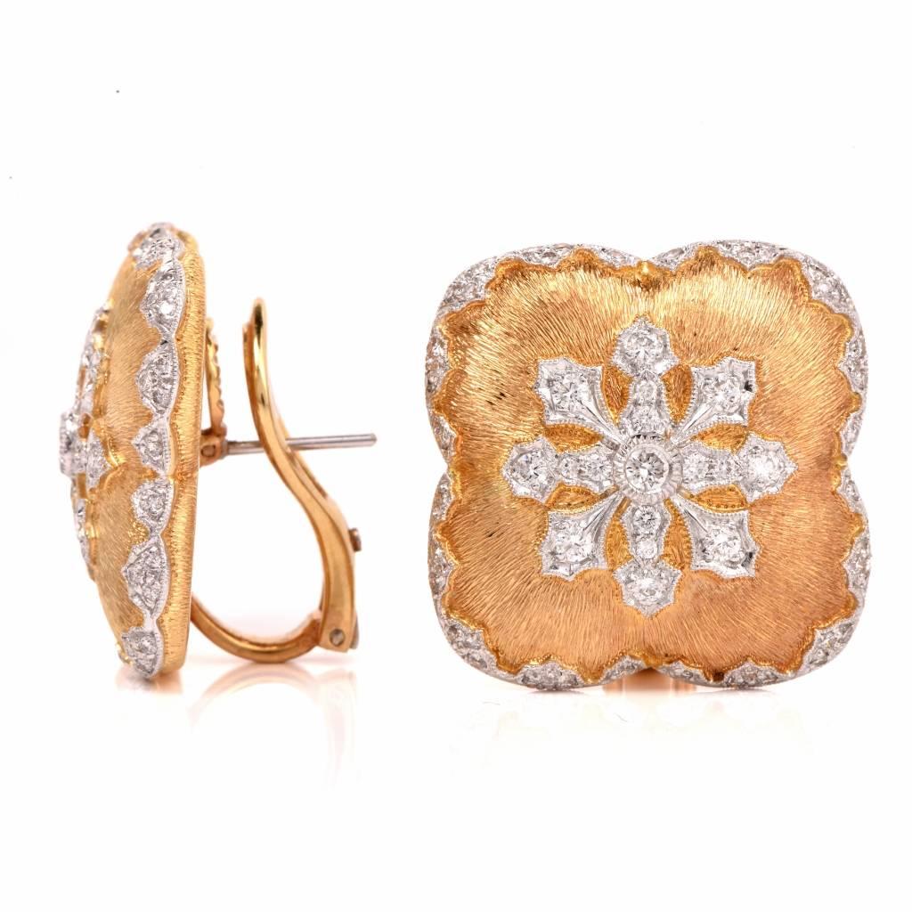 Snowflake Diamond Satin Finish Gold Clip-On Earrings In Excellent Condition In Miami, FL