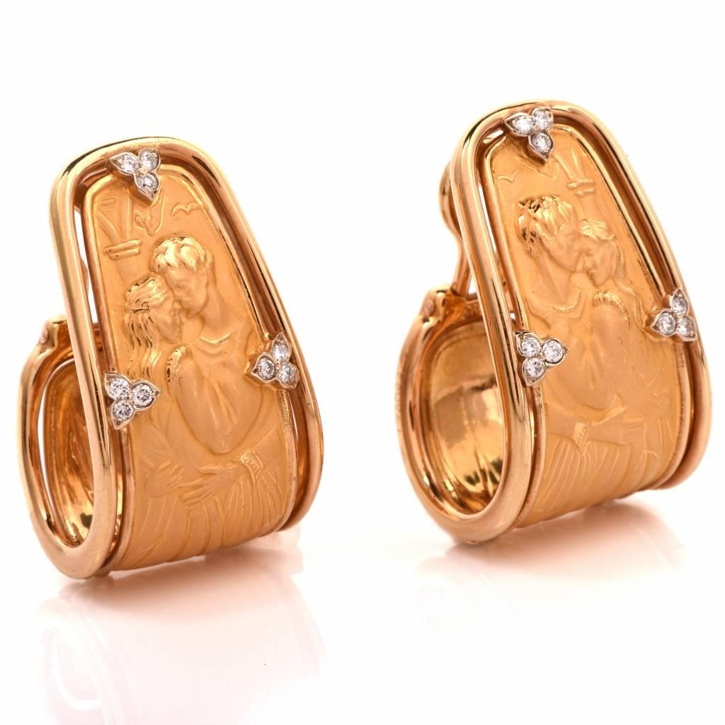 These designer Carrera y Carrera earrings from the 'Romeo & Juliet' collection are crafted in solid 18K matted and polished yellow gold, representing a romantic portrait of Romeo and Juliet. These huggies are enriched with a total number of 18 round