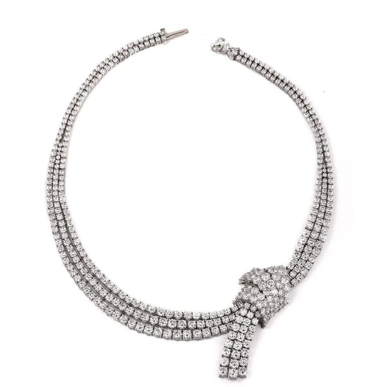 Impressive 73.00 Carat Diamond Platinum Ribbon Decor Riviere Necklace ...