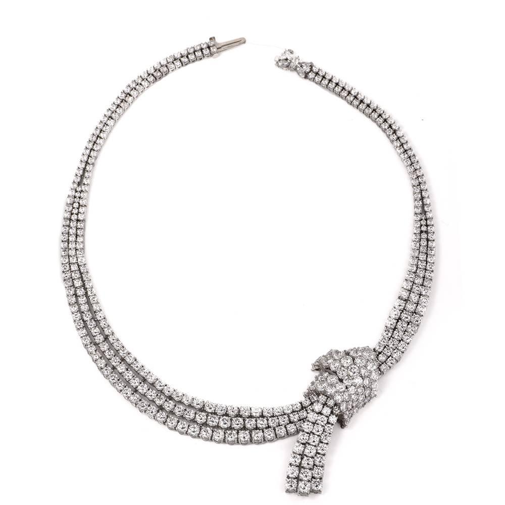 Art Deco Impressive 73.00 Carat Diamond Platinum Ribbon Decor Riviere Necklace