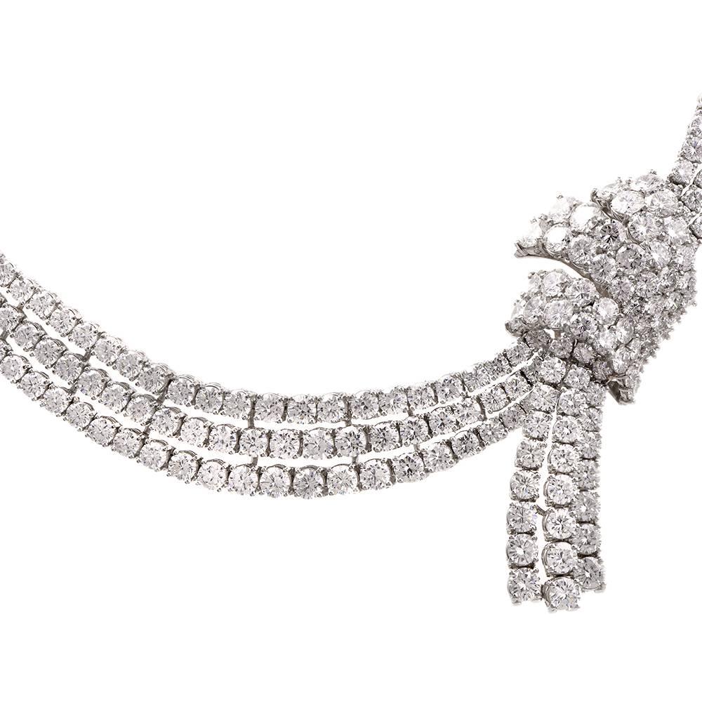 Impressive 73.00 Carat Diamond Platinum Ribbon Decor Riviere Necklace In Excellent Condition In Miami, FL