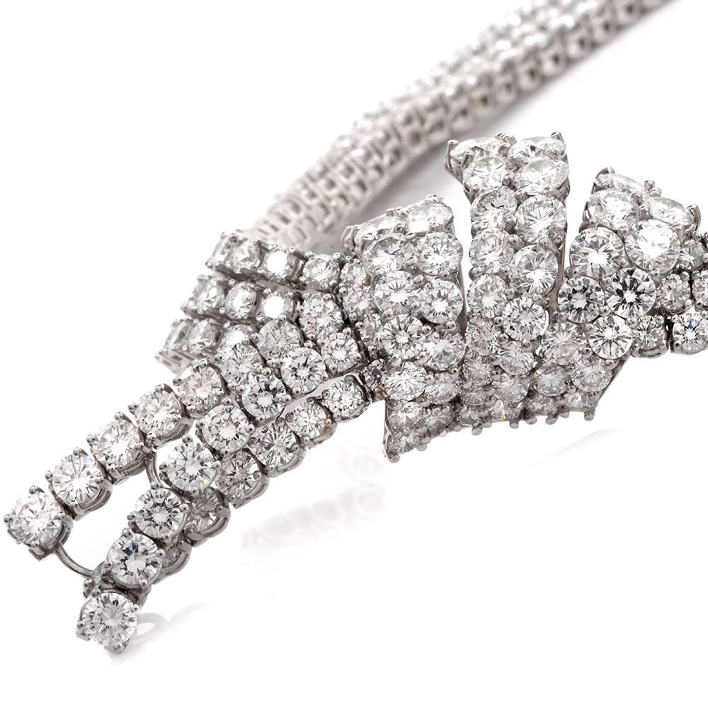 Women's Impressive 73.00 Carat Diamond Platinum Ribbon Decor Riviere Necklace