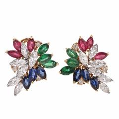 Multi-Gem Ruby Emerald Sapphire Diamond Gold Cluster Earrings