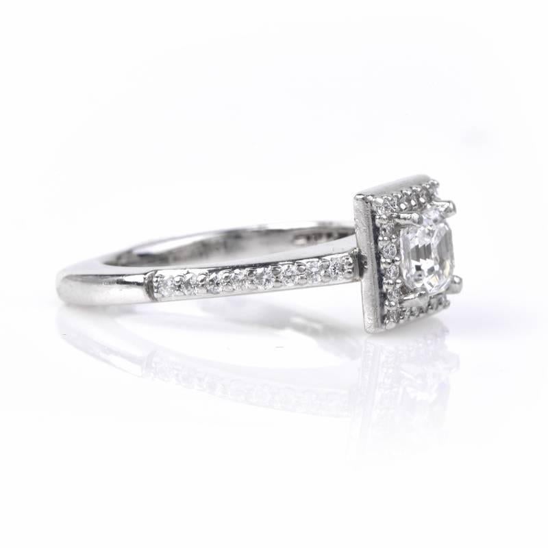 Art Deco .75 Carat GIA Certified Asscher Cut Diamond Platinum Engagement Ring In Excellent Condition For Sale In Miami, FL