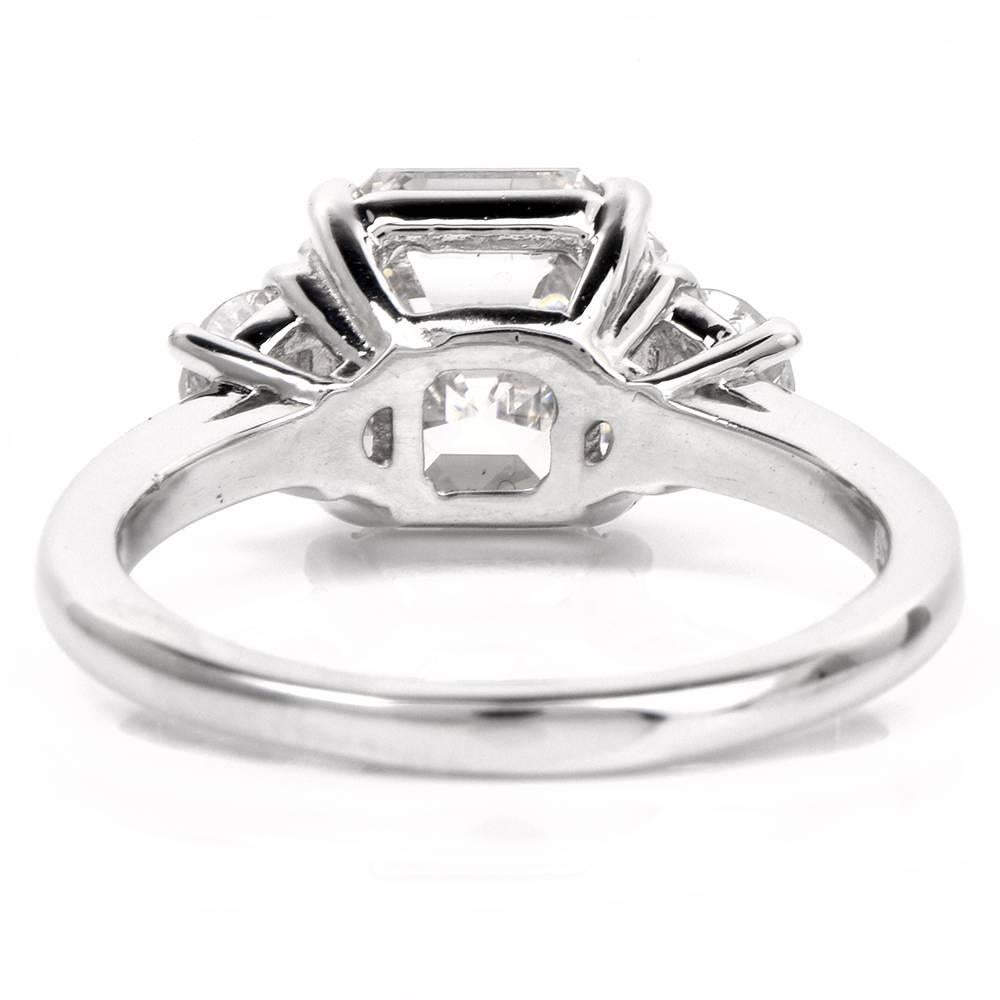 Women's Certified 3.17 Carats Asscher Diamond Three Stone Platinum Engagement Ring
