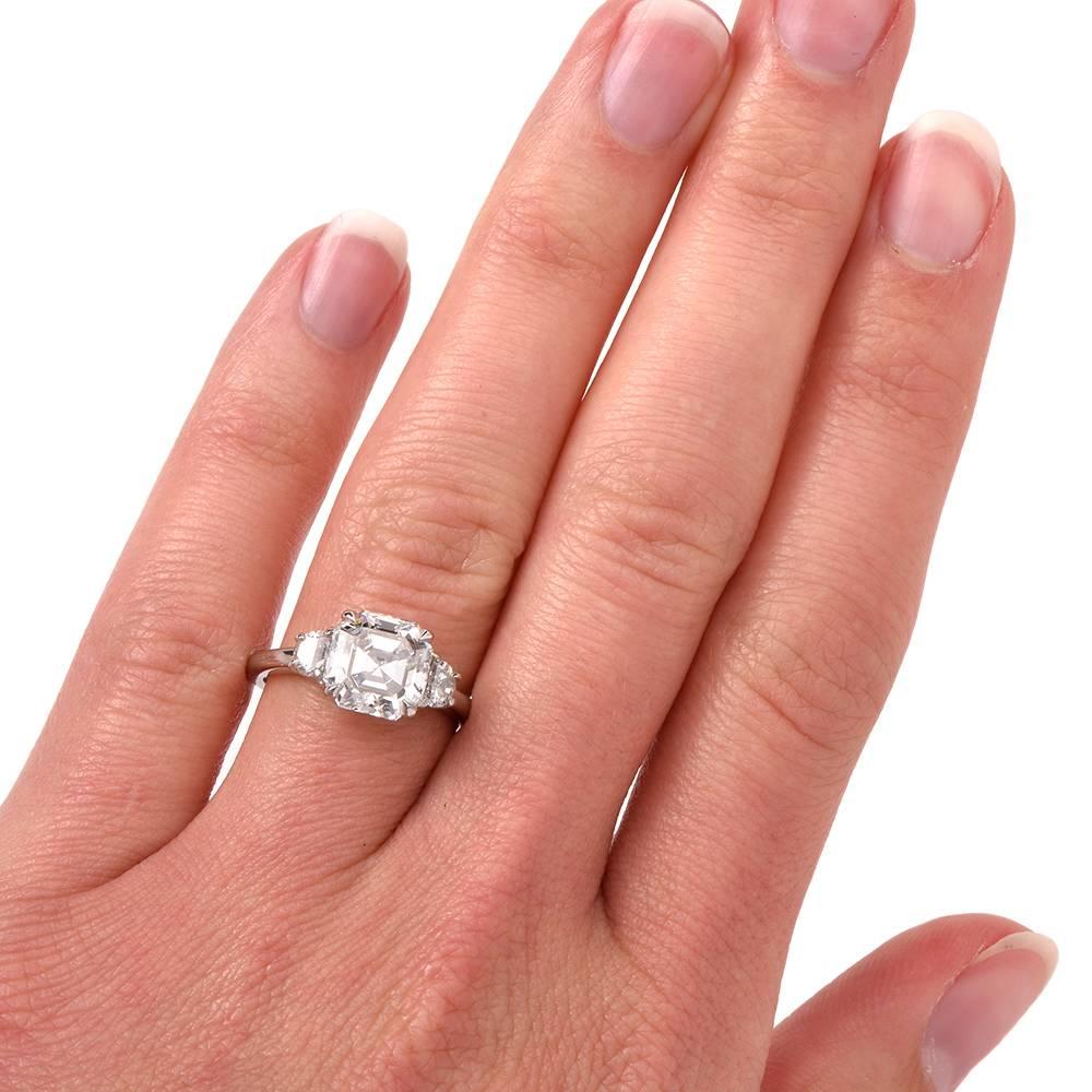 Certified 3.17 Carats Asscher Diamond Three Stone Platinum Engagement Ring 3