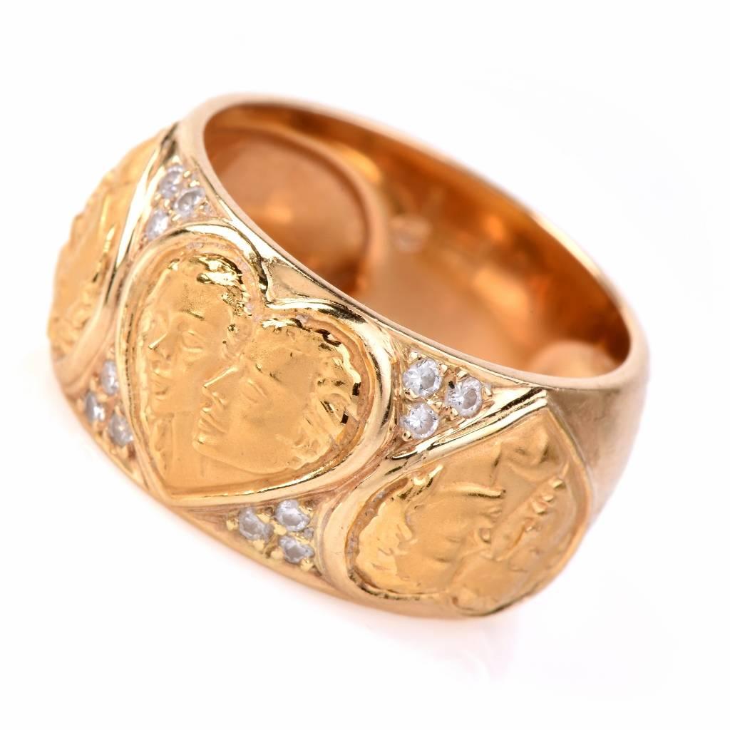 This classically elegant designer Carrera y Carrera ring crafted in solid 18K matted and polished yellow gold is enriched with three romantic portraits of Romeo & Juliet within hearts. This enchanting ring is enriched with 12 round-faceted diamonds,