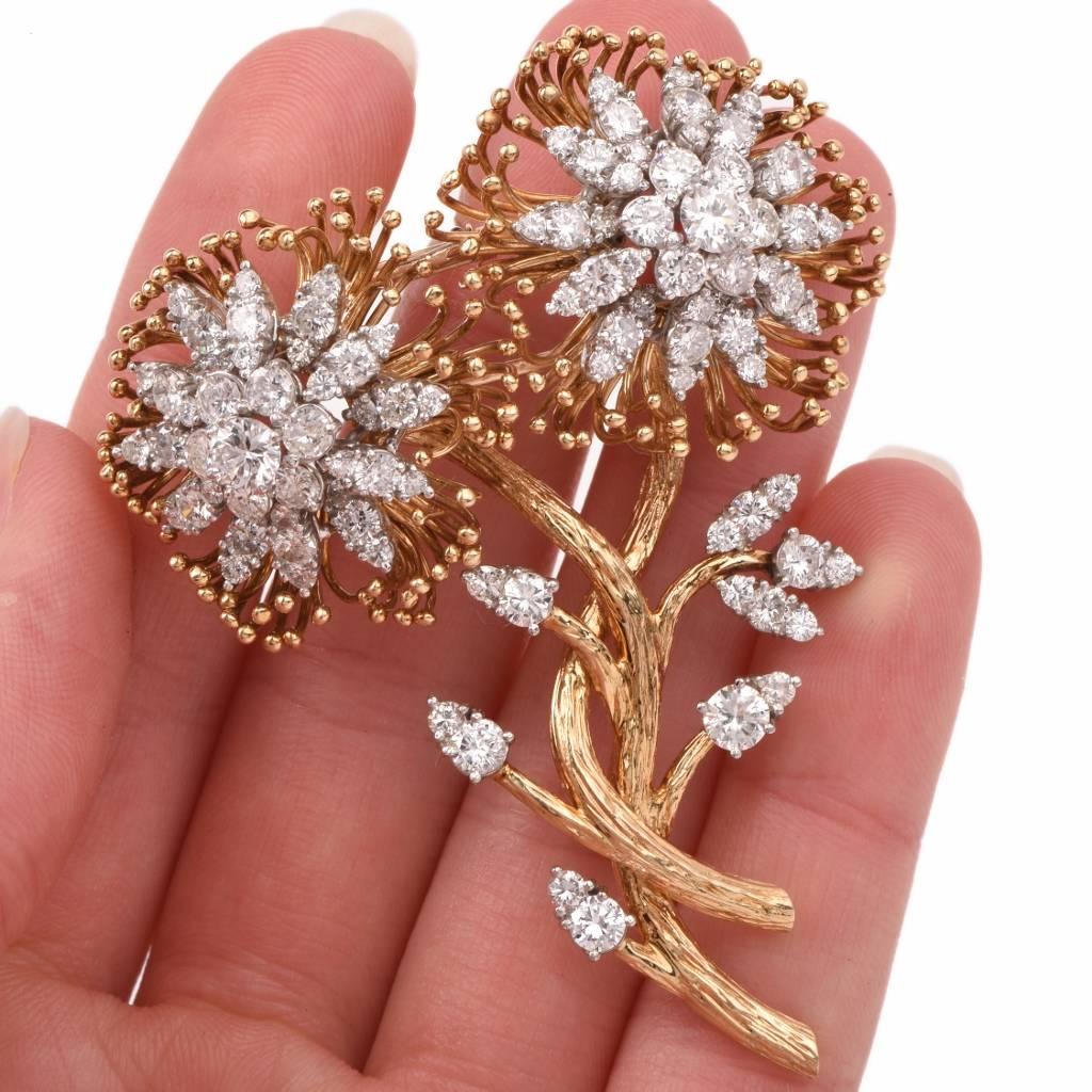 Retro Diamond Gold Flower Brooch Pin 2