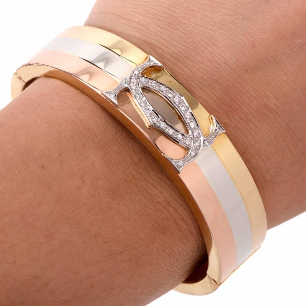 Diamond Three Color Gold Cuff Bangle Bracelet 2