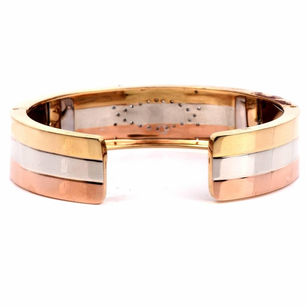 Women's Diamond Three Color Gold Cuff Bangle Bracelet