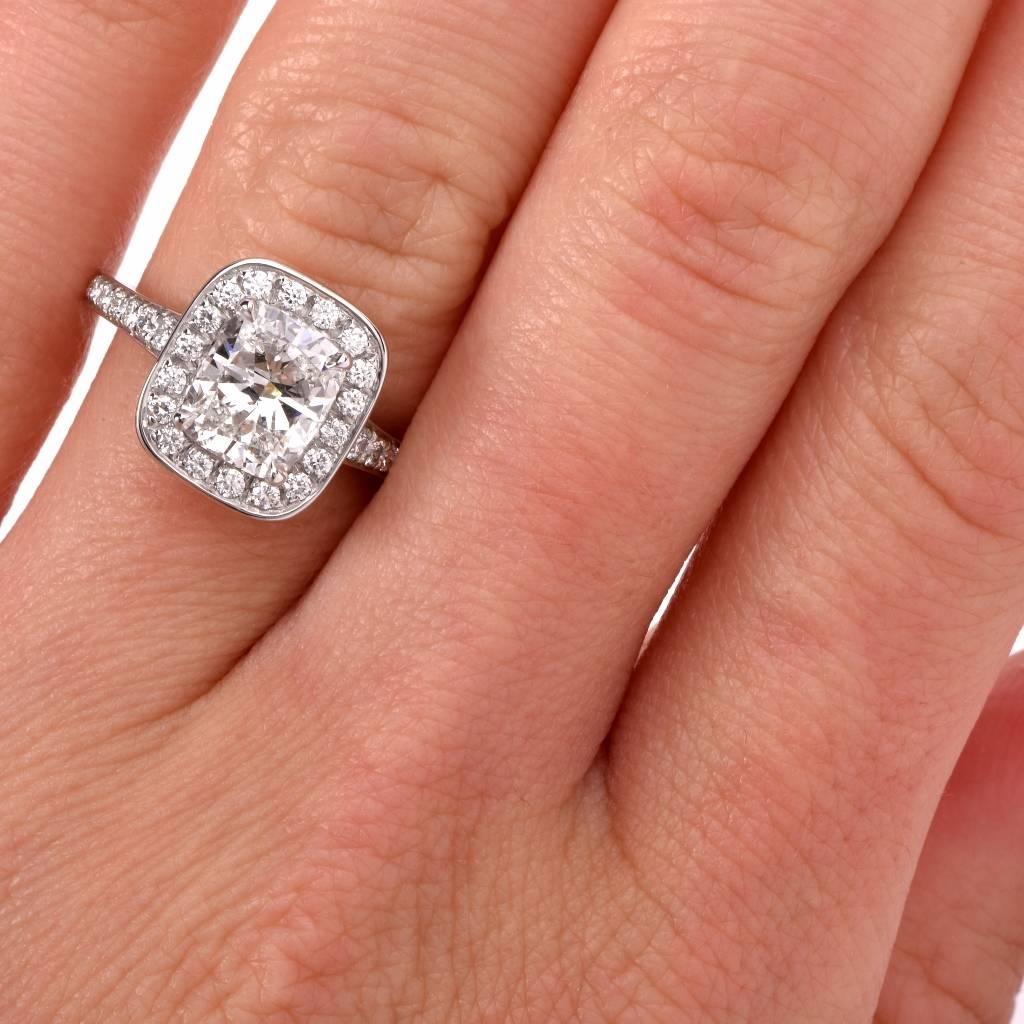 2.02 Carat GIA Cert Halo Cushion Diamond Platinum Engagement Ring 1