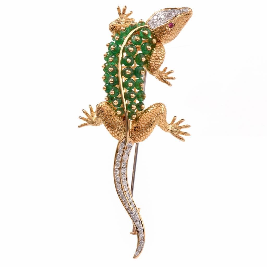 Emerald Diamond Ruby Gold Lizard Brooch Pin at 1stdibs