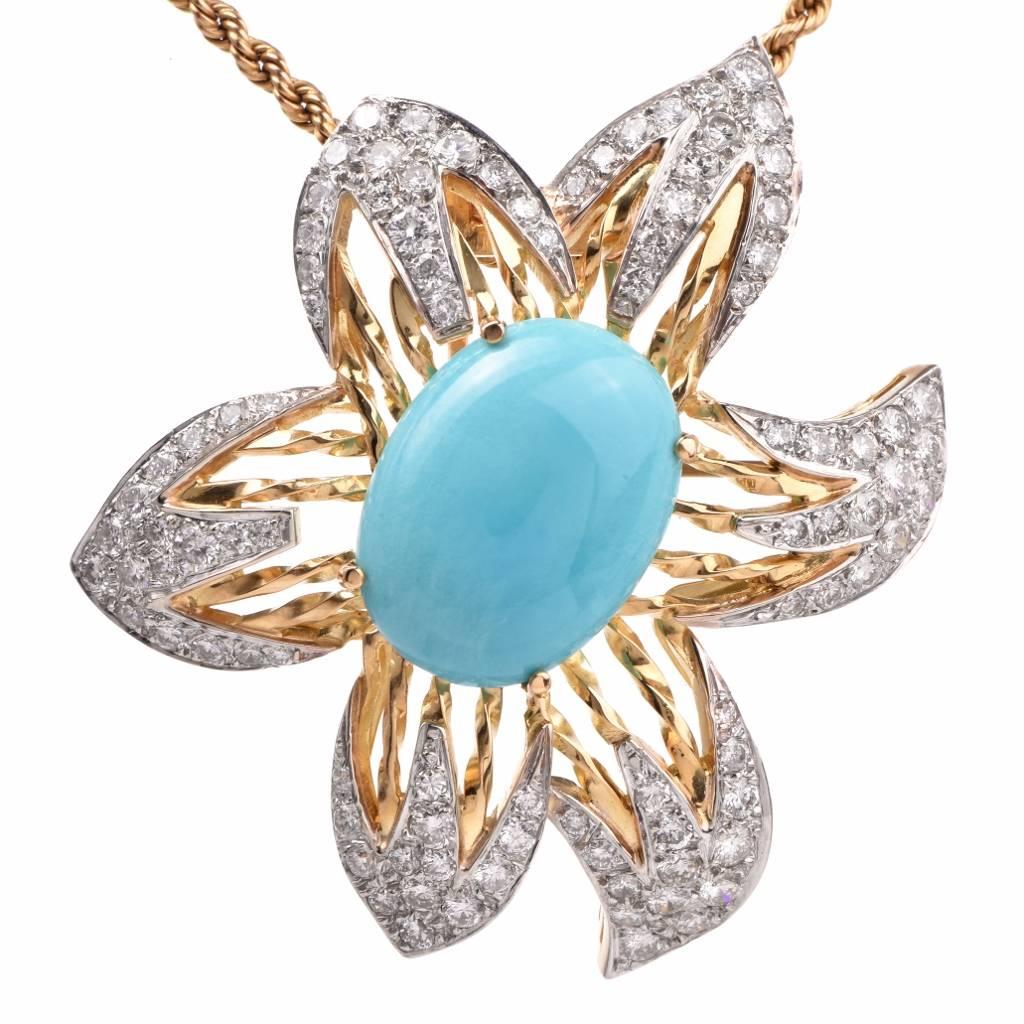 Designer Turquoise Diamond 18K Gold Flower Pin & Pendant Enhancer