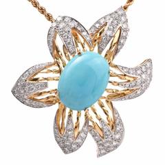 Vintage Designer Turquoise Diamond 18K Gold Flower Pin & Pendant Enhancer