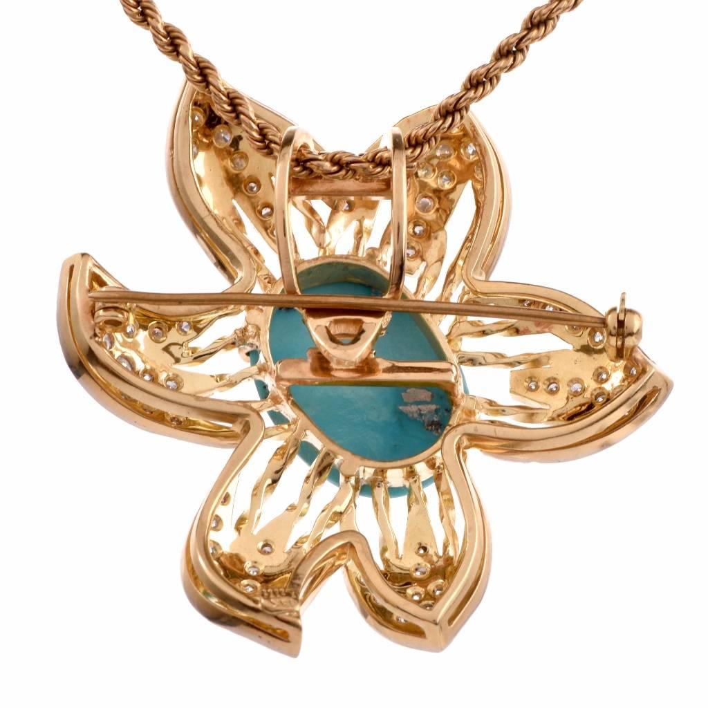 Designer Turquoise Diamond 18K Gold Flower Pin & Pendant Enhancer In Excellent Condition In Miami, FL