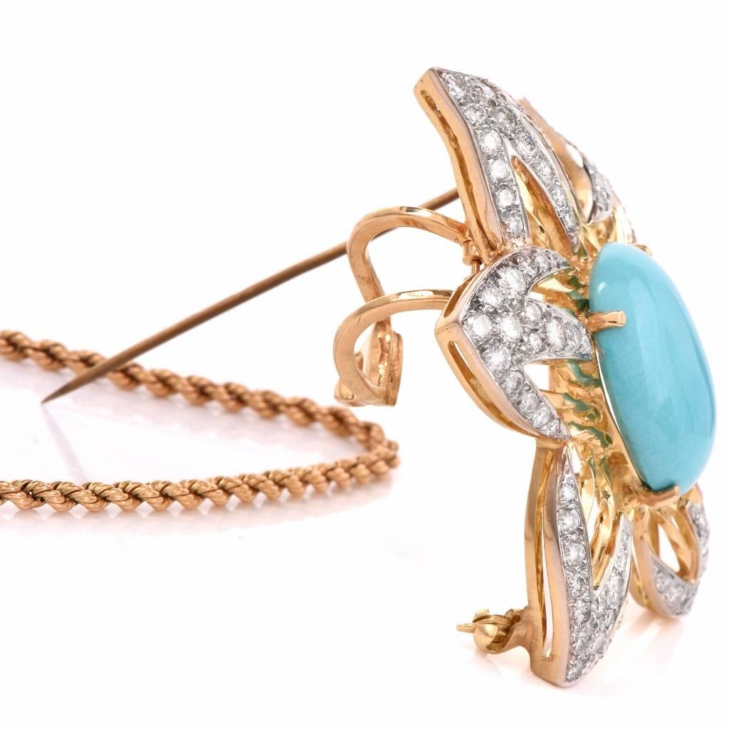 Women's Designer Turquoise Diamond 18K Gold Flower Pin & Pendant Enhancer