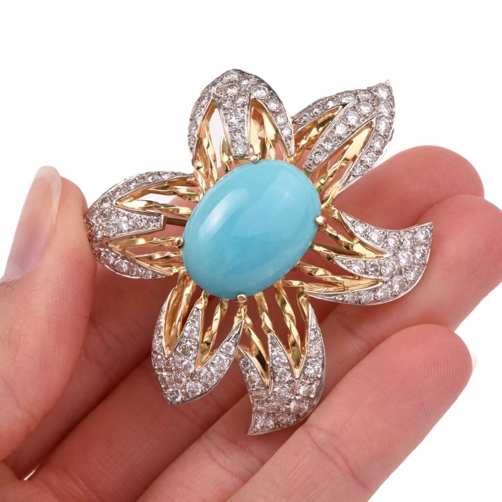 Designer Turquoise Diamond 18K Gold Flower Pin & Pendant Enhancer 1