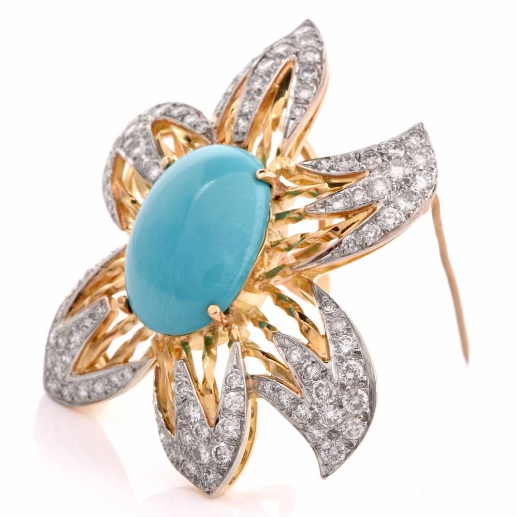 This exquisite estate designer pin / pendant is finely crafted in solid 18K yellow with white gold details. Featuring a lovely flower design, it exposes at the center 1 gorgeous oval shape turquoise stone of approx. 20mm by 15mm, approx. 9.44cts,