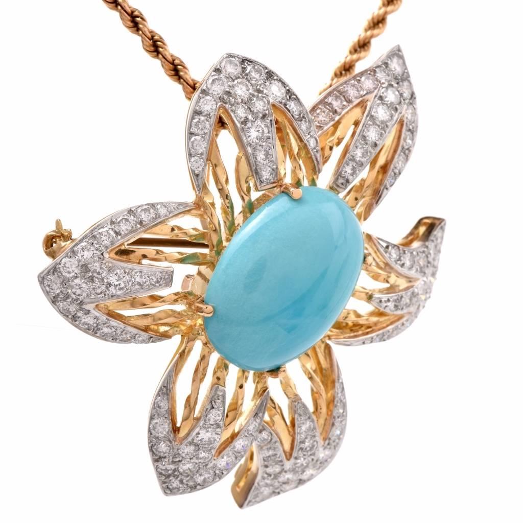 Designer Turquoise Diamond 18K Gold Flower Pin & Pendant Enhancer 2