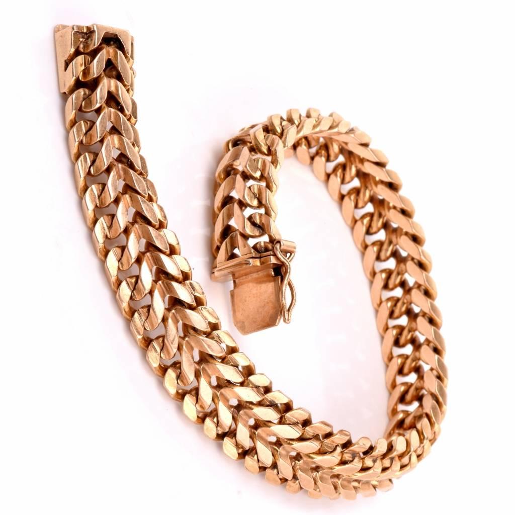 This stylish Retro vintage mens bracelet is crafted in solid 18K rose gold with a simple and elegant link design. This attractive men’s bracelet closes with a security clasp and remains in perfect condition.

Weight approx. 63.4