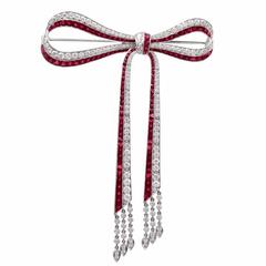 Antique Edwardian Diamond Ruby Ribbon Bow Motif Brooch