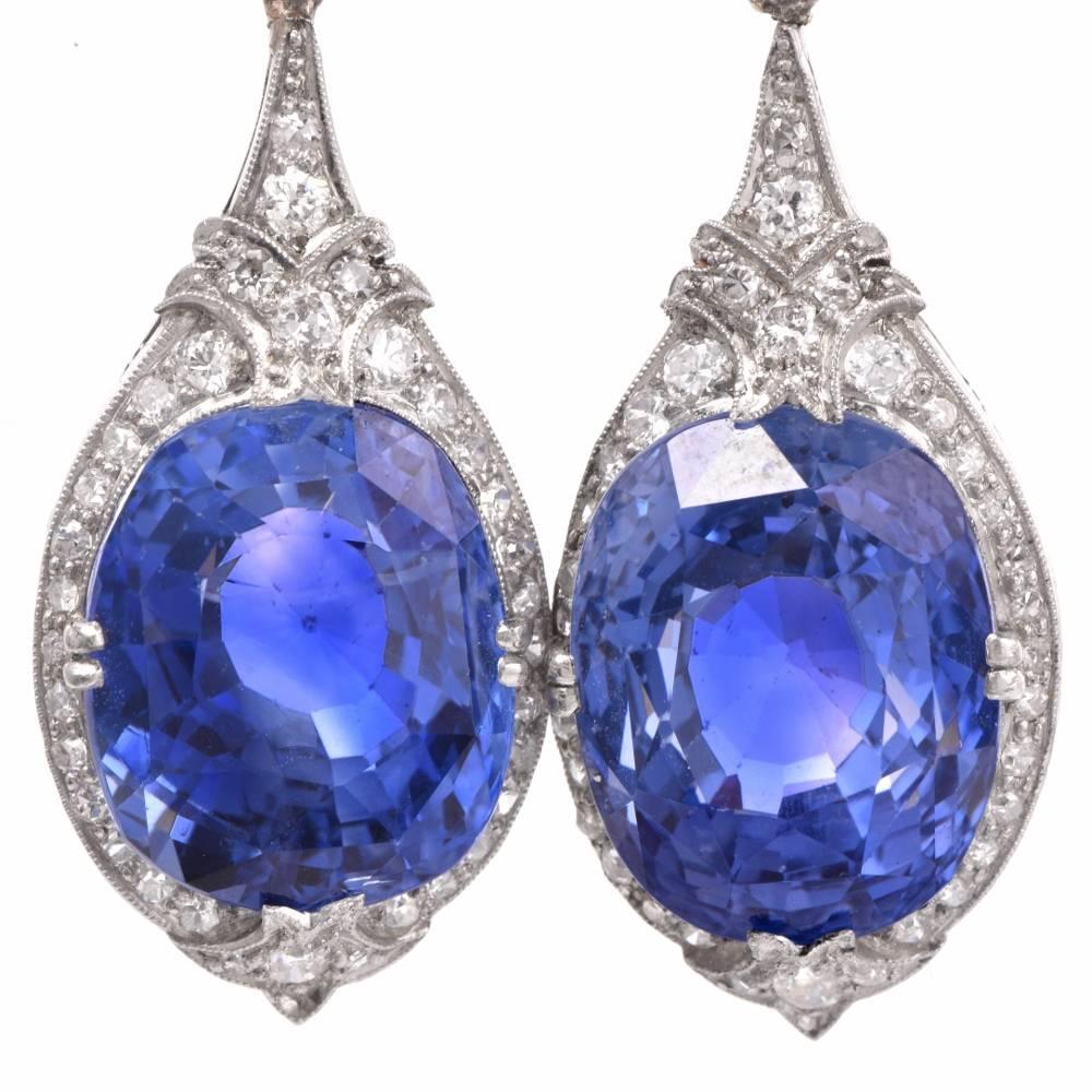 Art Deco GIA Ceylon Sapphire No Heat Diamond Drop Platinum Earrings