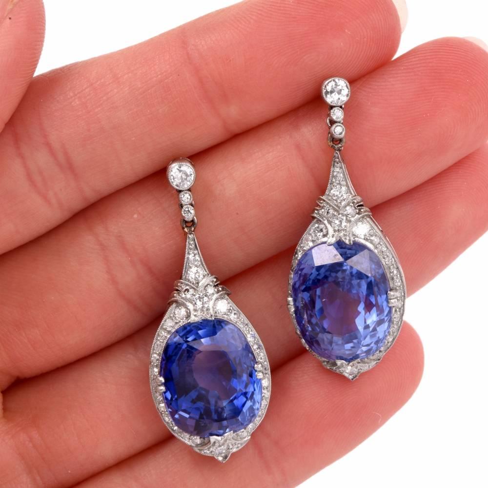 GIA Ceylon Sapphire No Heat Diamond Drop Platinum Earrings 1