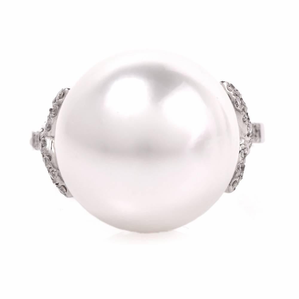 12mm South Sea Pearl Diamond Platinum Cocktail Ring 1