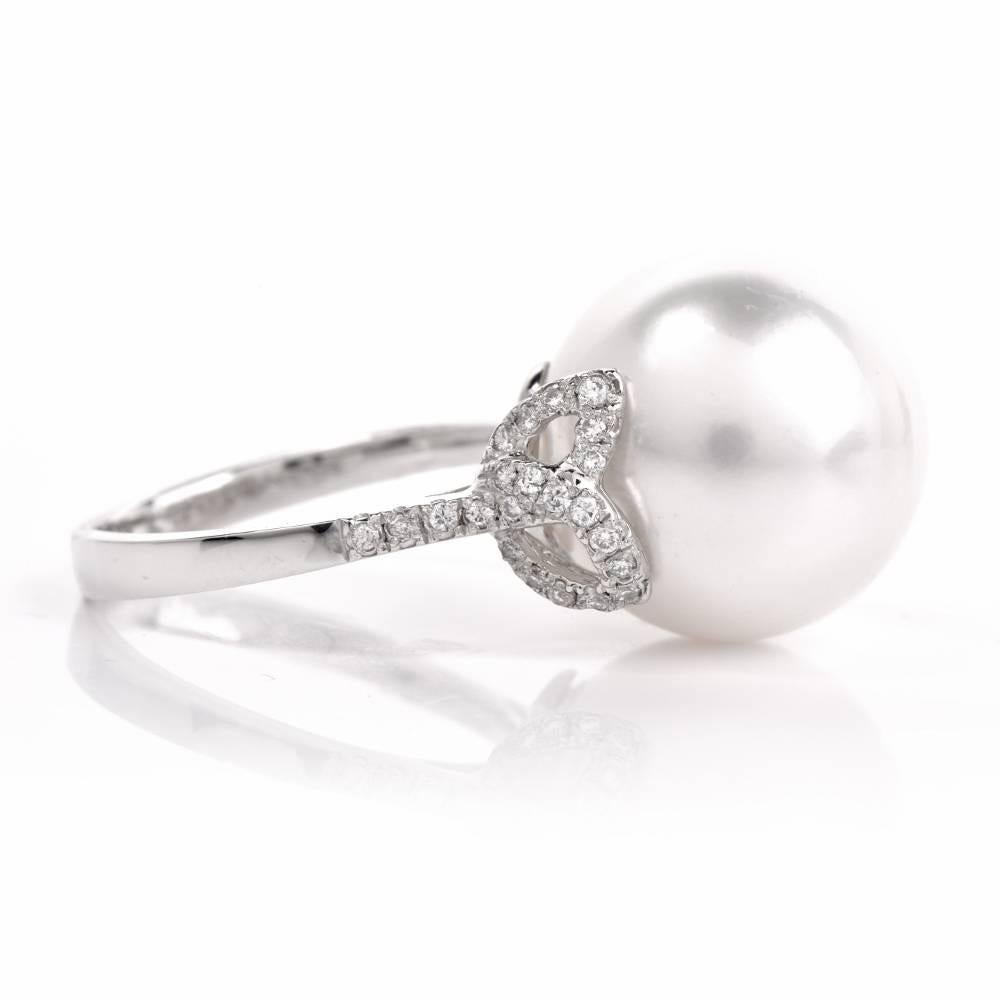 12mm South Sea Pearl Diamond Platinum Cocktail Ring In Excellent Condition In Miami, FL