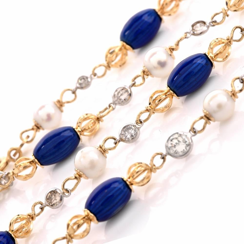 Women's Designer Long UnoAErre 3.38 Carat Diamond and Enamel Gold Necklace