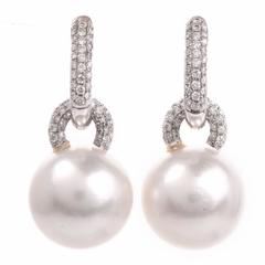 Estate Lustrous Pearl Diamond Dangle Hoop Earrings