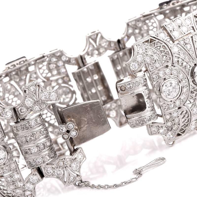 Antique  Deco Diamond Platinum Filigree Wide Bracelet In Excellent Condition In Miami, FL