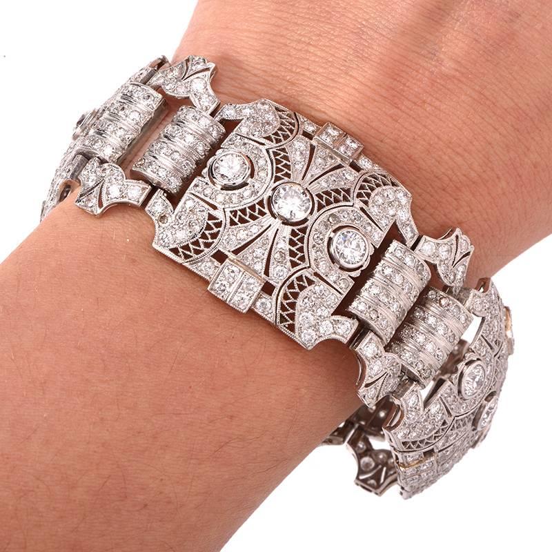 Women's Antique  Deco Diamond Platinum Filigree Wide Bracelet