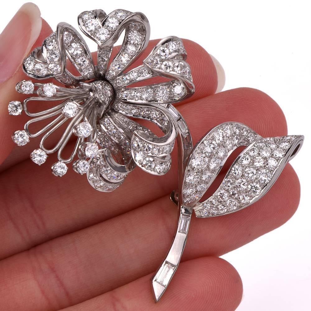Diamond Flower Platinum Brooch Pin For Sale at 1stdibs