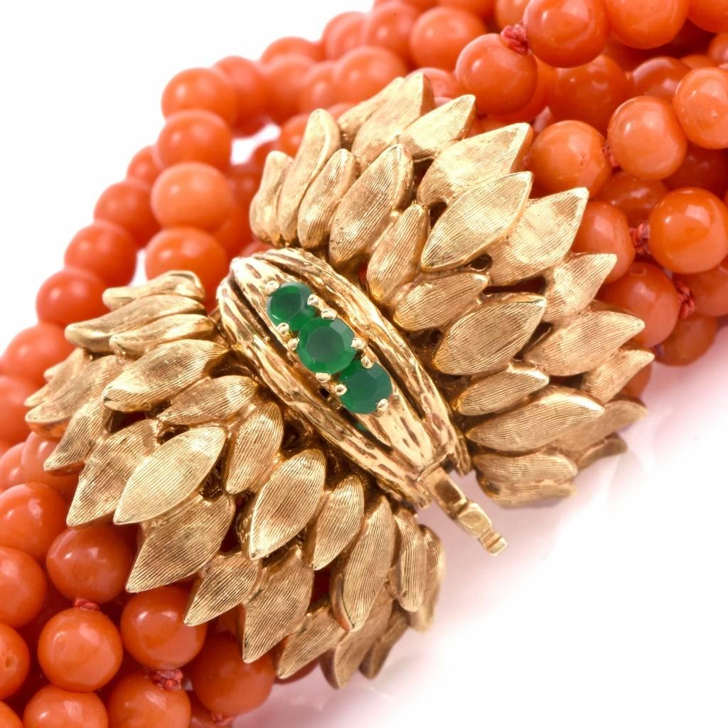 Multi-Strand Coral Bead Emerald Yellow Gold Bracelet 1