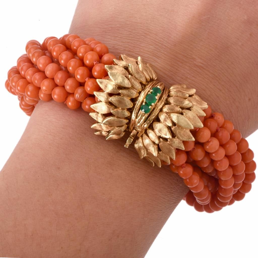 Multi-Strand Coral Bead Emerald Yellow Gold Bracelet In Excellent Condition In Miami, FL