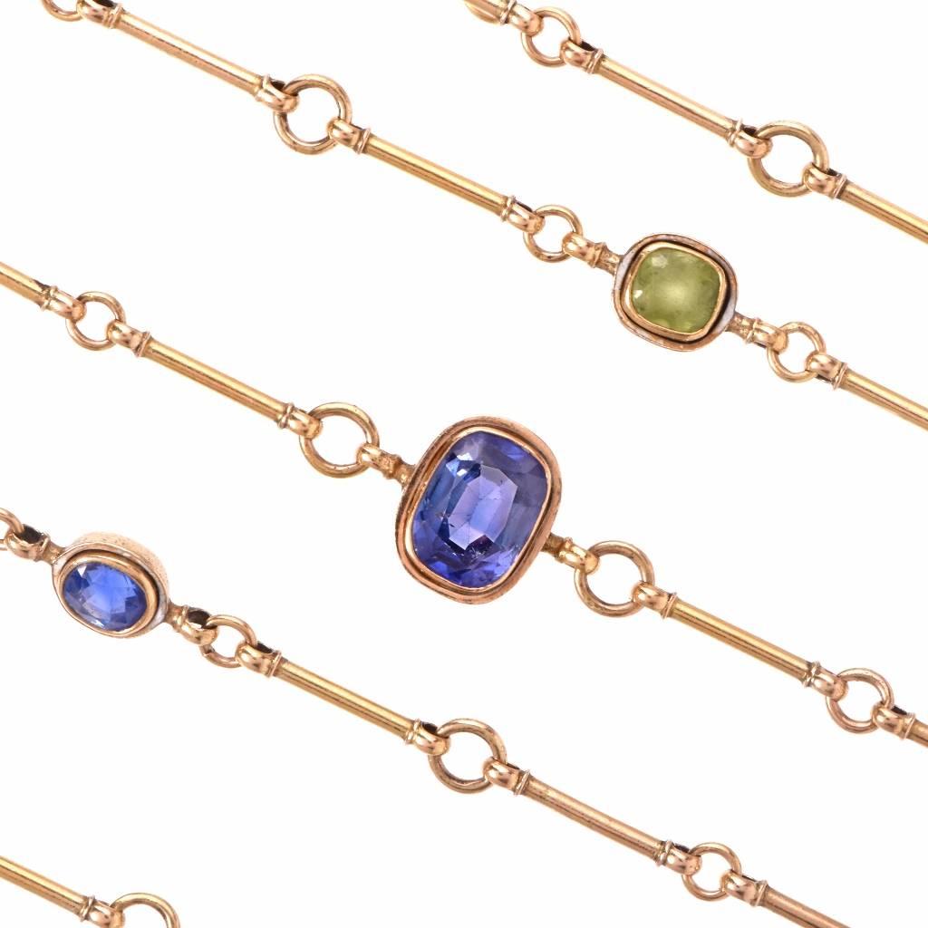 Antique Victorian No Heat Sapphire & Gems 64″ Long Gold Necklace 1