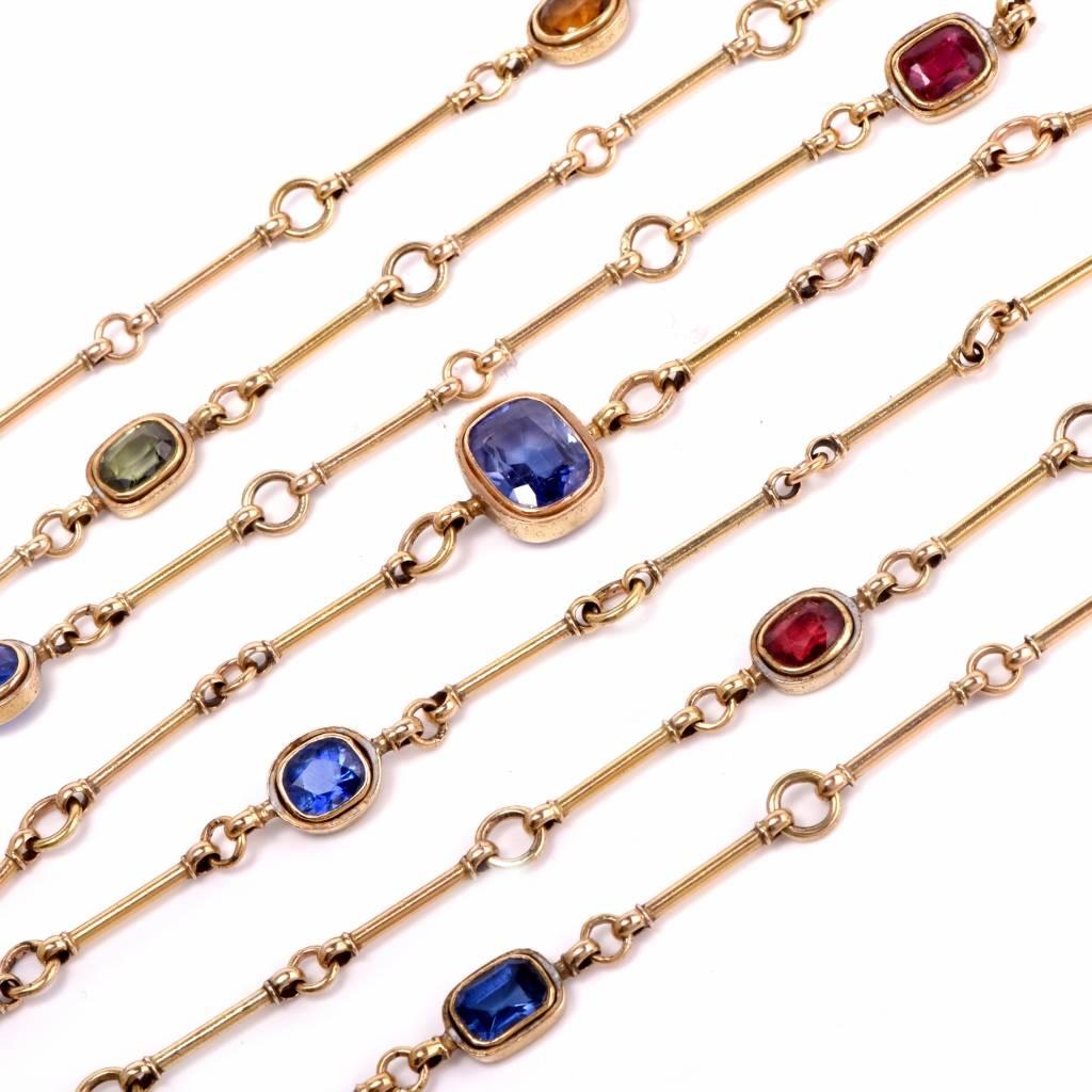 Antique Victorian No Heat Sapphire & Gems 64″ Long Gold Necklace In Excellent Condition In Miami, FL
