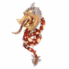 Retro Italian Enamel Diamond  Gold Chinese Dragon Brooch Pin