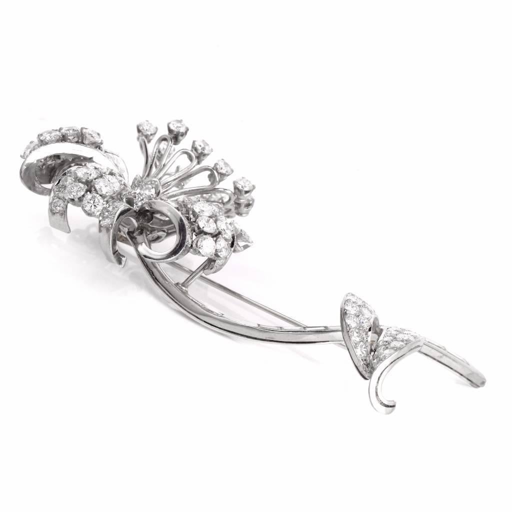Antique 7.75 Carats Diamond Platinum Flower Brooch Pin In Excellent Condition In Miami, FL