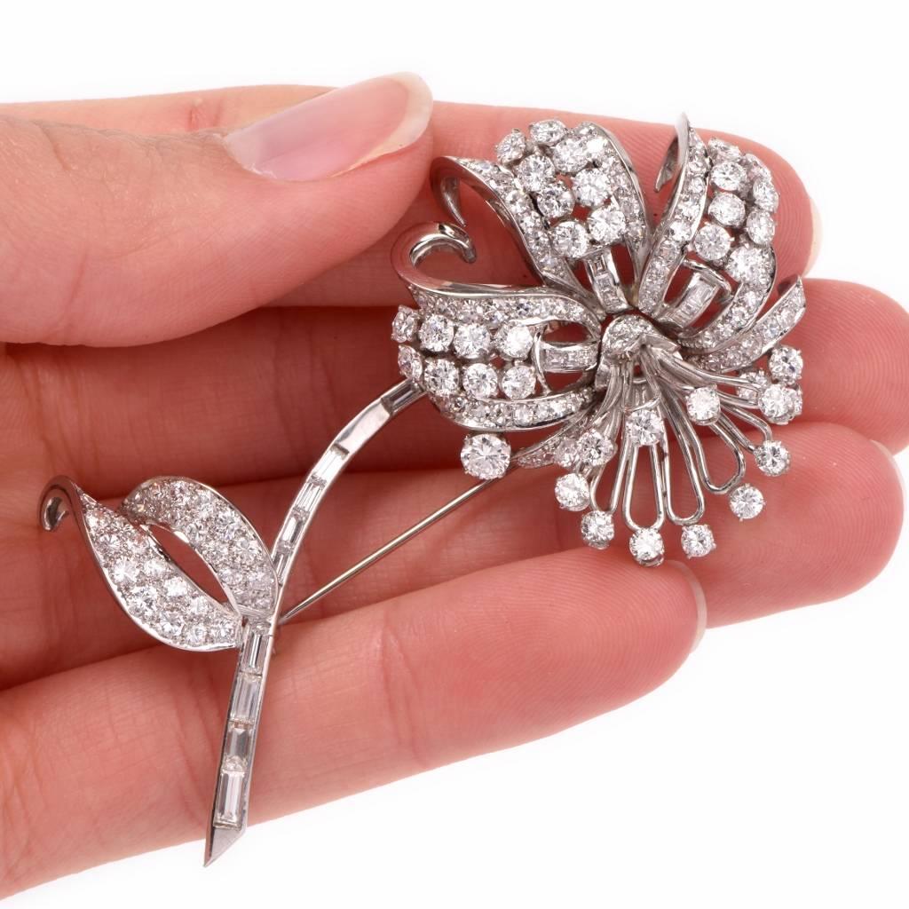 Antique 7.75 Carats Diamond Platinum Flower Brooch Pin 1