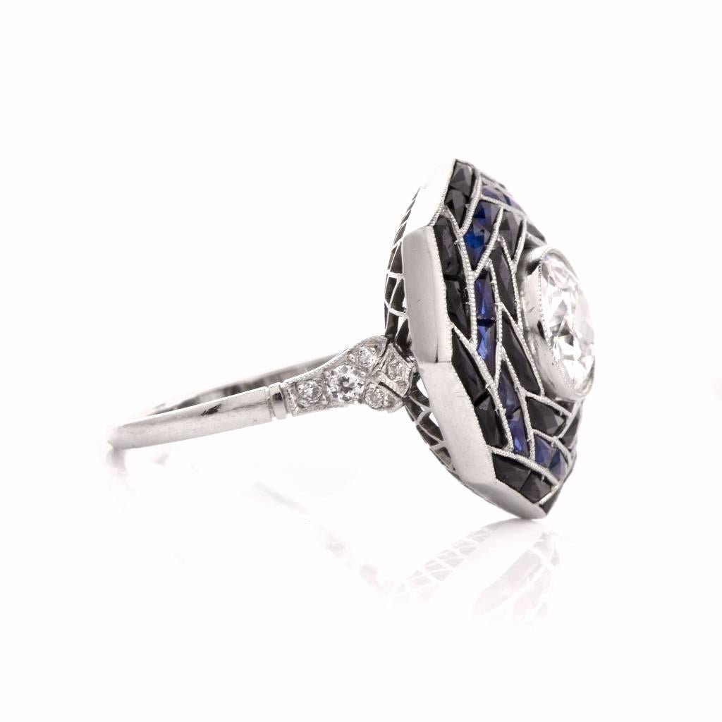  1980s Sapphire Diamond Platinum Engagement Ring In Excellent Condition In Miami, FL