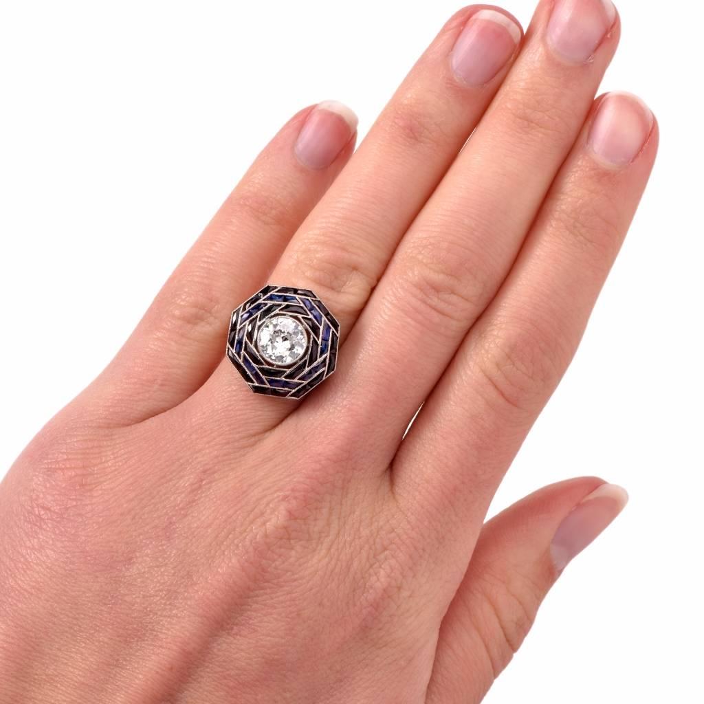 Women's  1980s Sapphire Diamond Platinum Engagement Ring