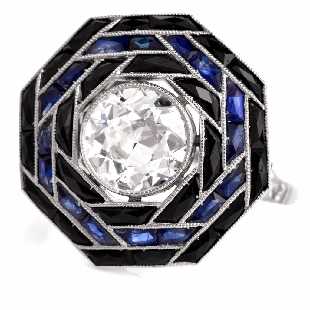 Art Deco  1980s Sapphire Diamond Platinum Engagement Ring