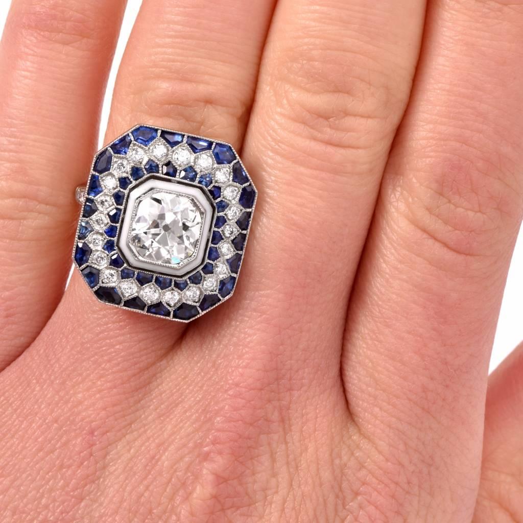 Sapphire Diamond Platinum Engagement Ring In Excellent Condition In Miami, FL