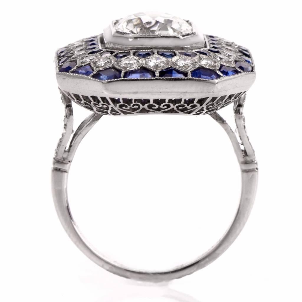 Art Deco Sapphire Diamond Platinum Engagement Ring