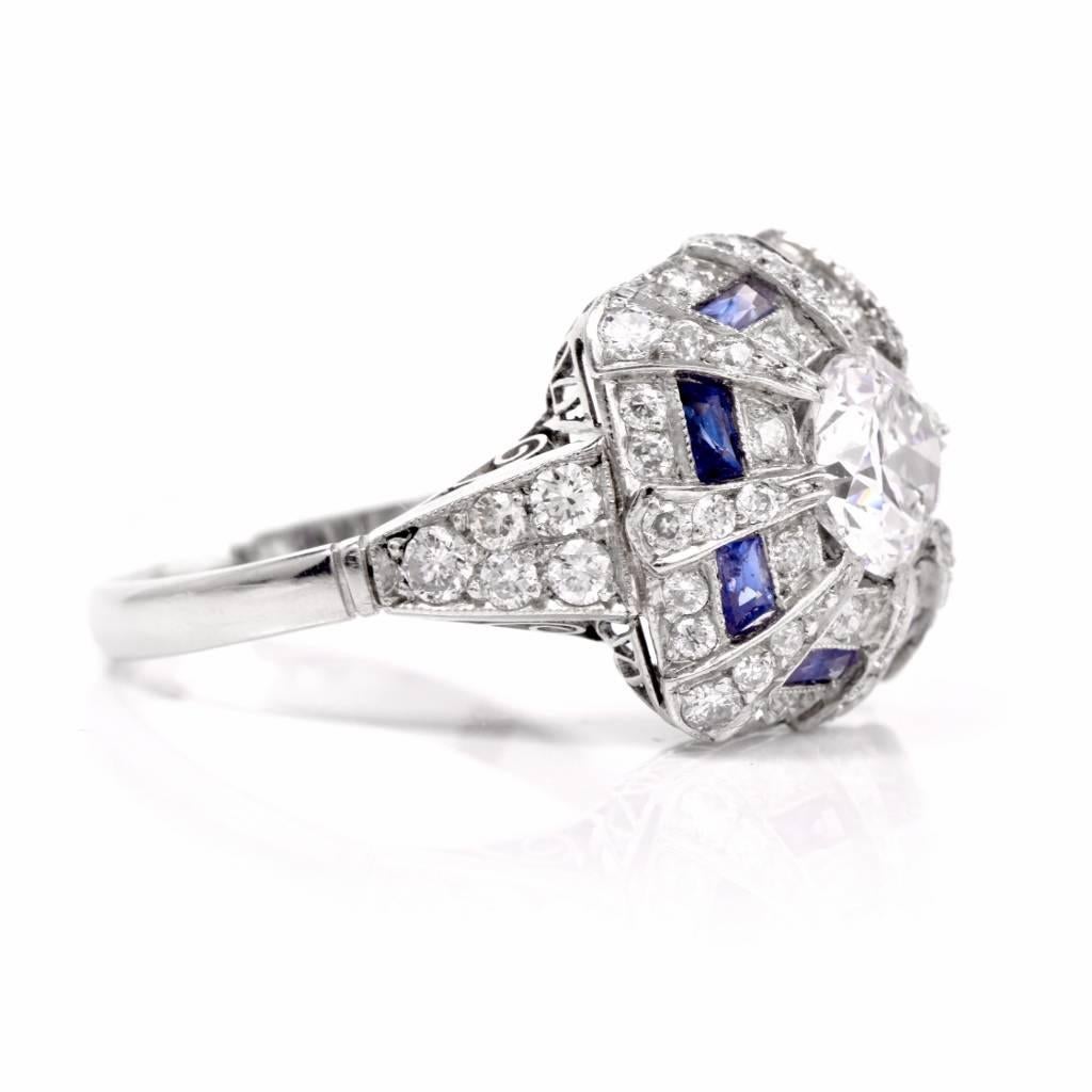Baguette Cut  1930's Sapphire Diamond Platinum Engagement Ring