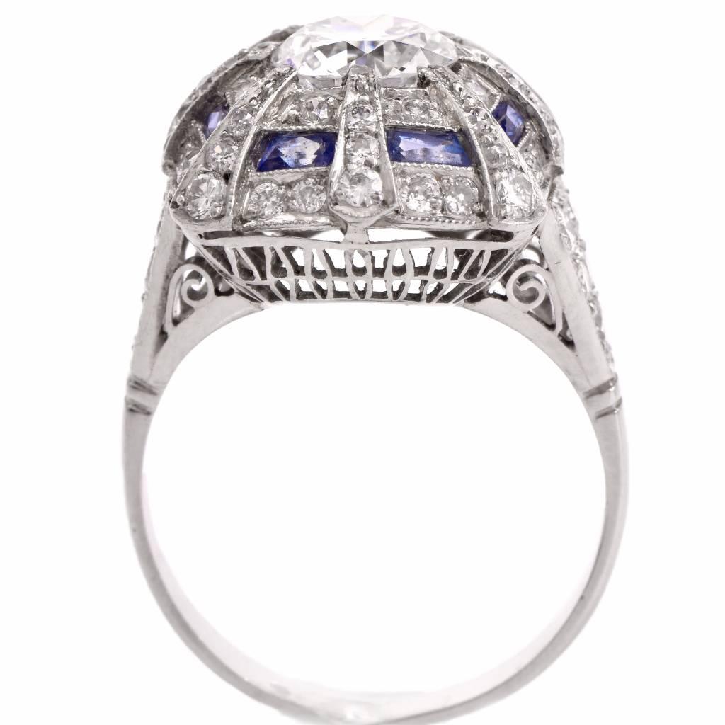  1930's Sapphire Diamond Platinum Engagement Ring In Excellent Condition In Miami, FL